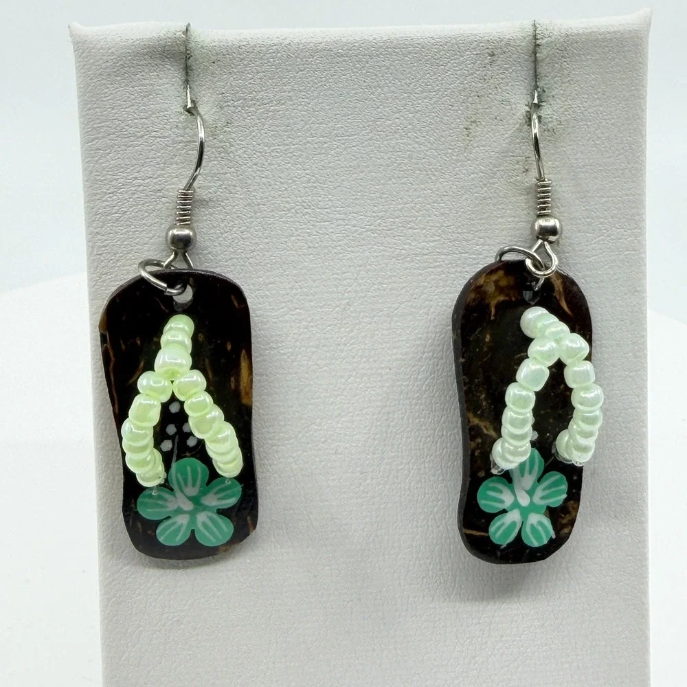 Earrings Flip Flop Dangle Brown Coconut Shell Green Beaded Flower Boho Tropical